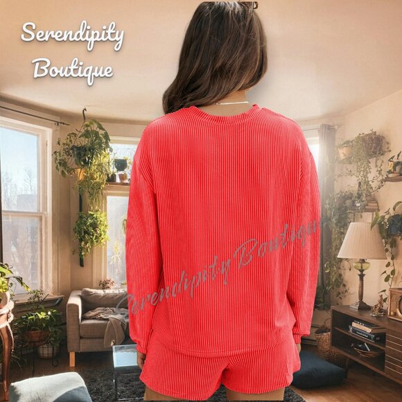 Gilry Stretchy Slouchy Comfy Casual Heart Shorts & Top Set in Coral Orange - Picture 2 of 7